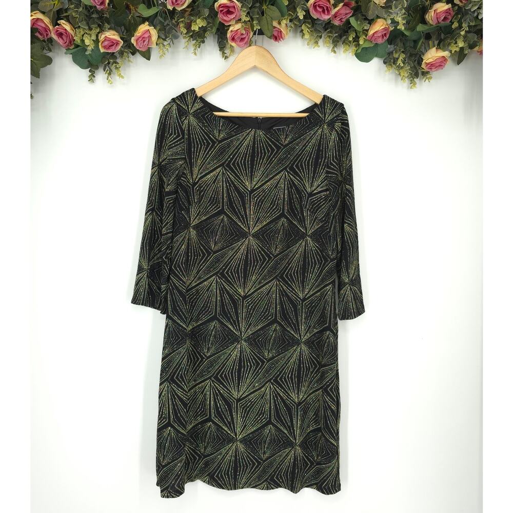 JH Evenings Black Gold Geometric Glitter Print Quarter Sleeve Shift Dress 16